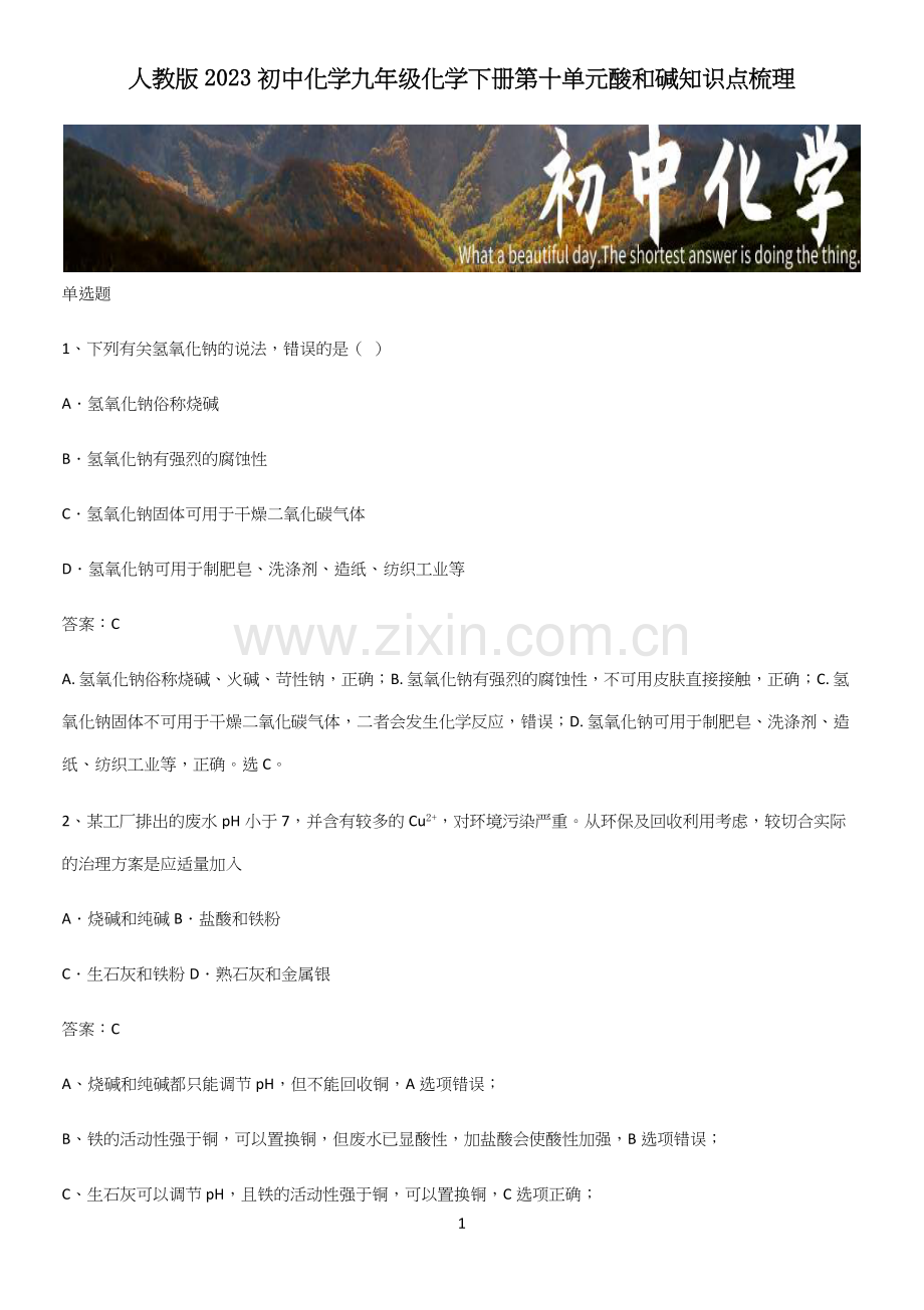 人教版2023初中化学九年级化学下册第十单元酸和碱知识点梳理.docx_第1页