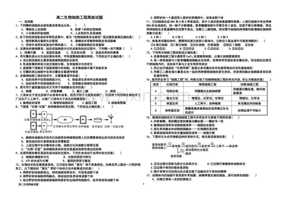 细胞工程周练试题.doc_第1页