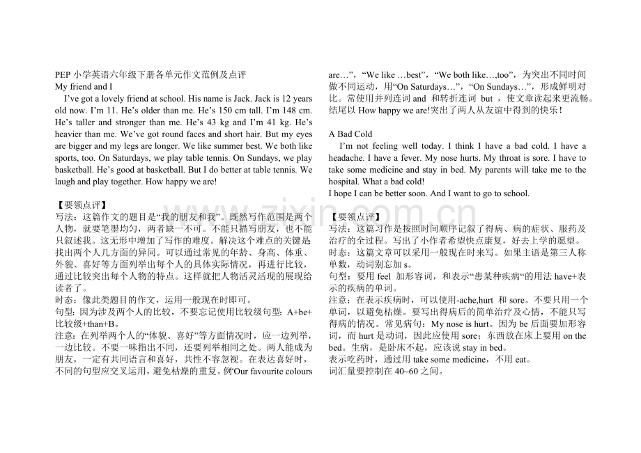 PEP小学英语六年级下册各单元作文范例及点评.doc_第1页