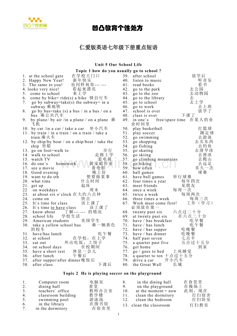 仁爱版英语七年级下册重点短语.doc_第1页