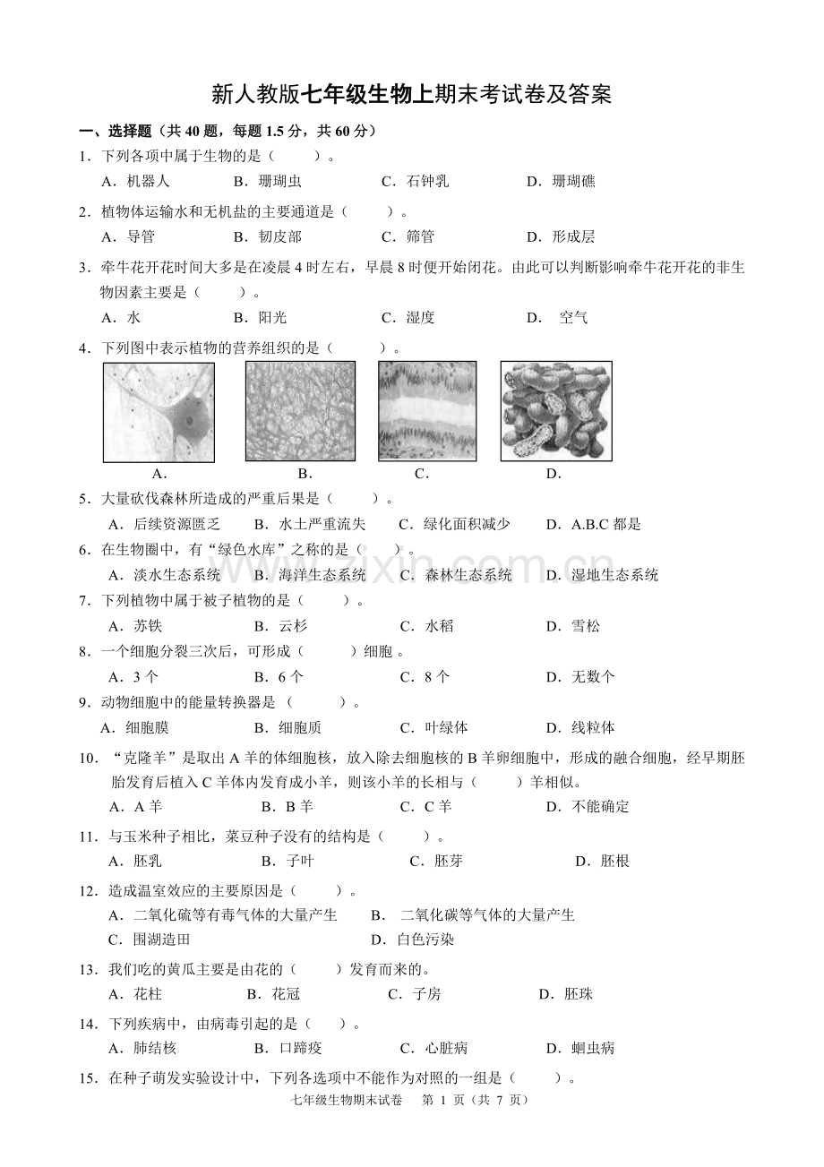 新人教版七年级生物上期末考试卷及答案.doc_第1页