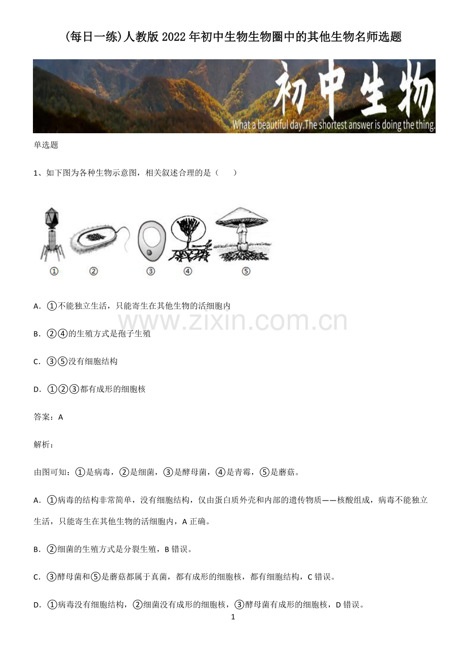 人教版2022年初中生物生物圈中的其他生物名师选题.pdf_第1页