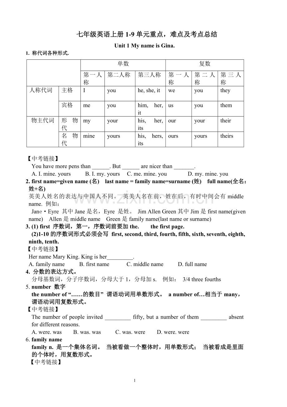七年级英语上册1-9单元重点.难点及易考点总结.doc_第1页