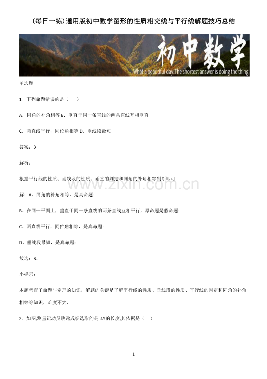 通用版初中数学图形的性质相交线与平行线解题技巧总结.pdf_第1页