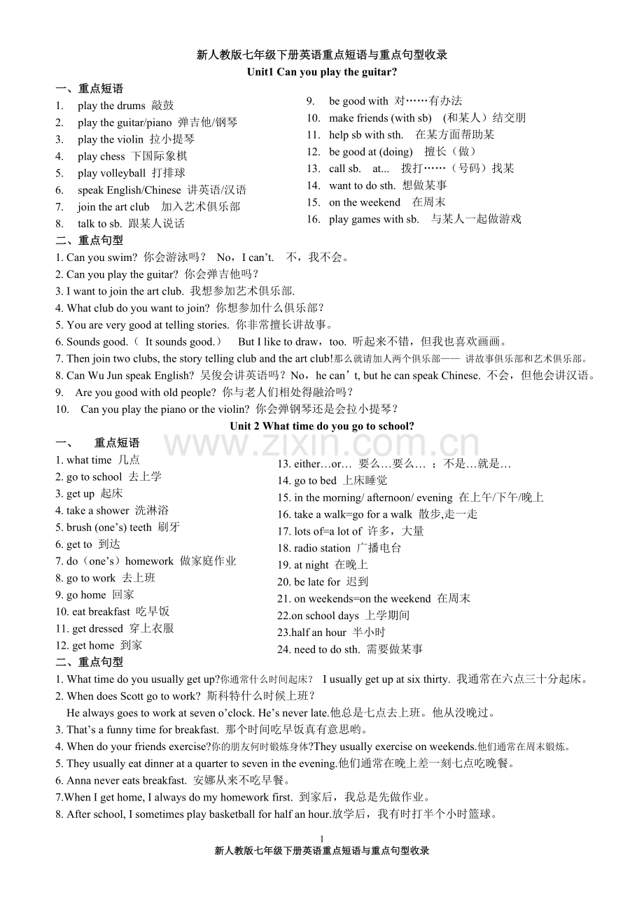 新人教版七年级下册英语重点短语与重点句型收录Unit1-12.doc_第1页
