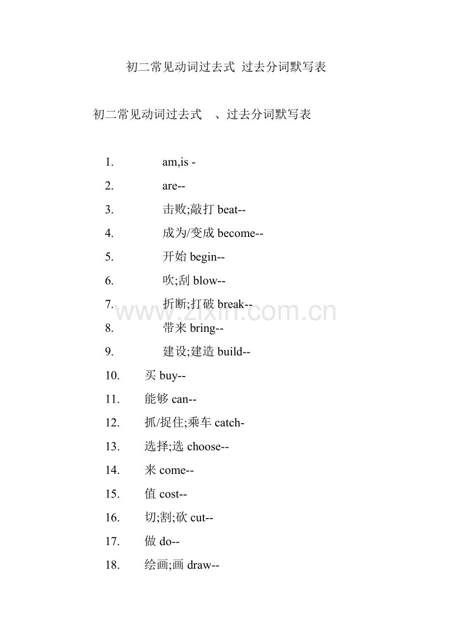 初二常见动词过去式过去分词默写表.doc_第1页