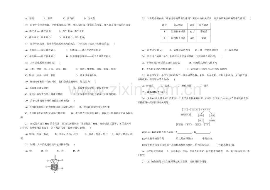七年级下册生物第一二章测试卷.pdf_第2页