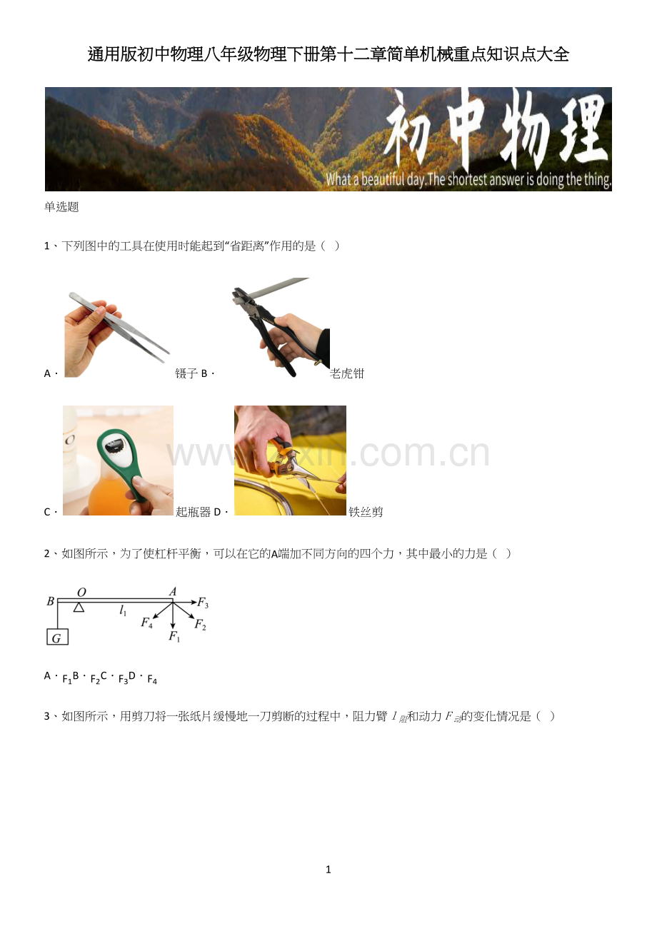 通用版初中物理八年级物理下册第十二章简单机械重点知识点大全.docx_第1页
