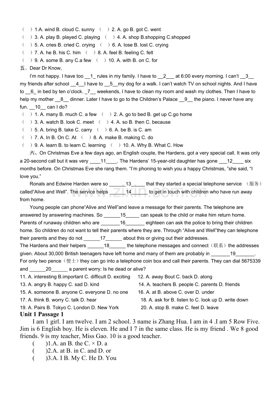 初一英语完形填空练习题(含答案).doc_第2页