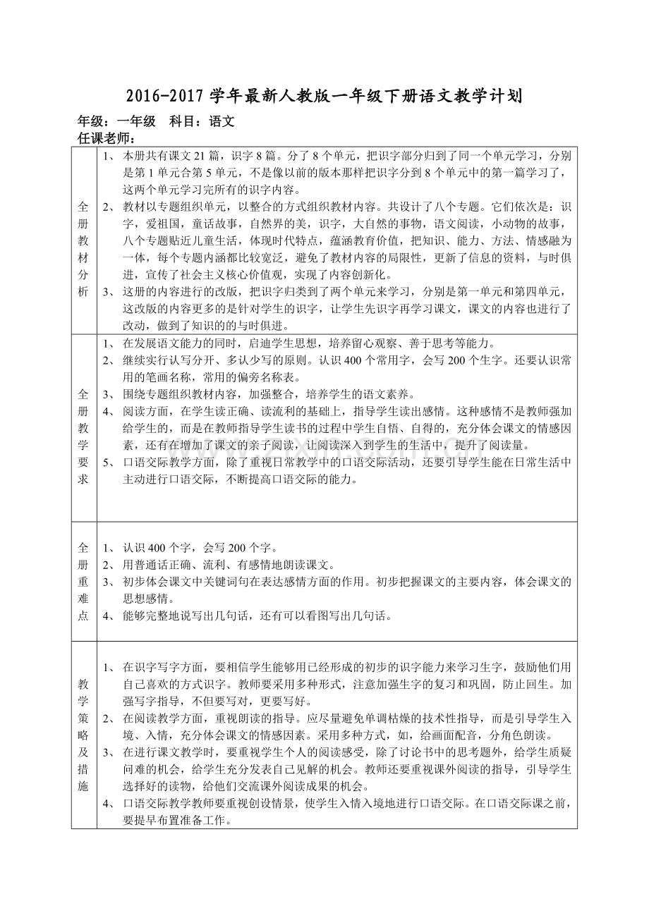 2016-2017年部编版一年级下册语文教学计划.doc_第1页
