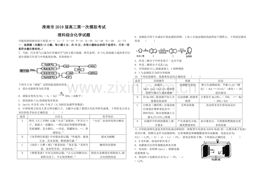 淮南市2019届高三第一次模拟考试理科综合化学试题及参考答案(范围：高中化学全部内容).doc_第1页
