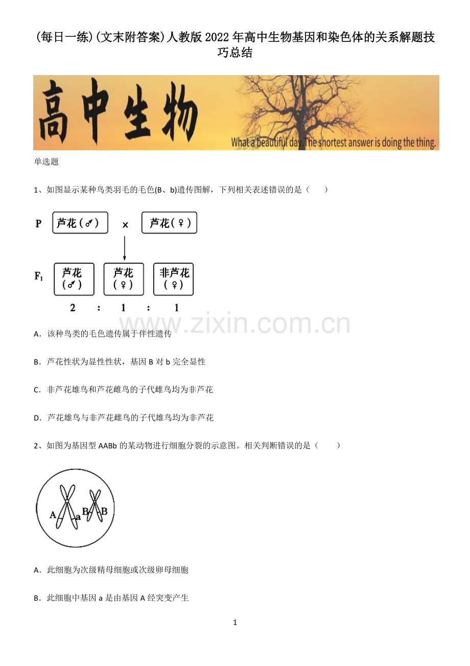 (文末附答案)人教版2022年高中生物基因和染色体的关系解题技巧总结.pdf_第1页