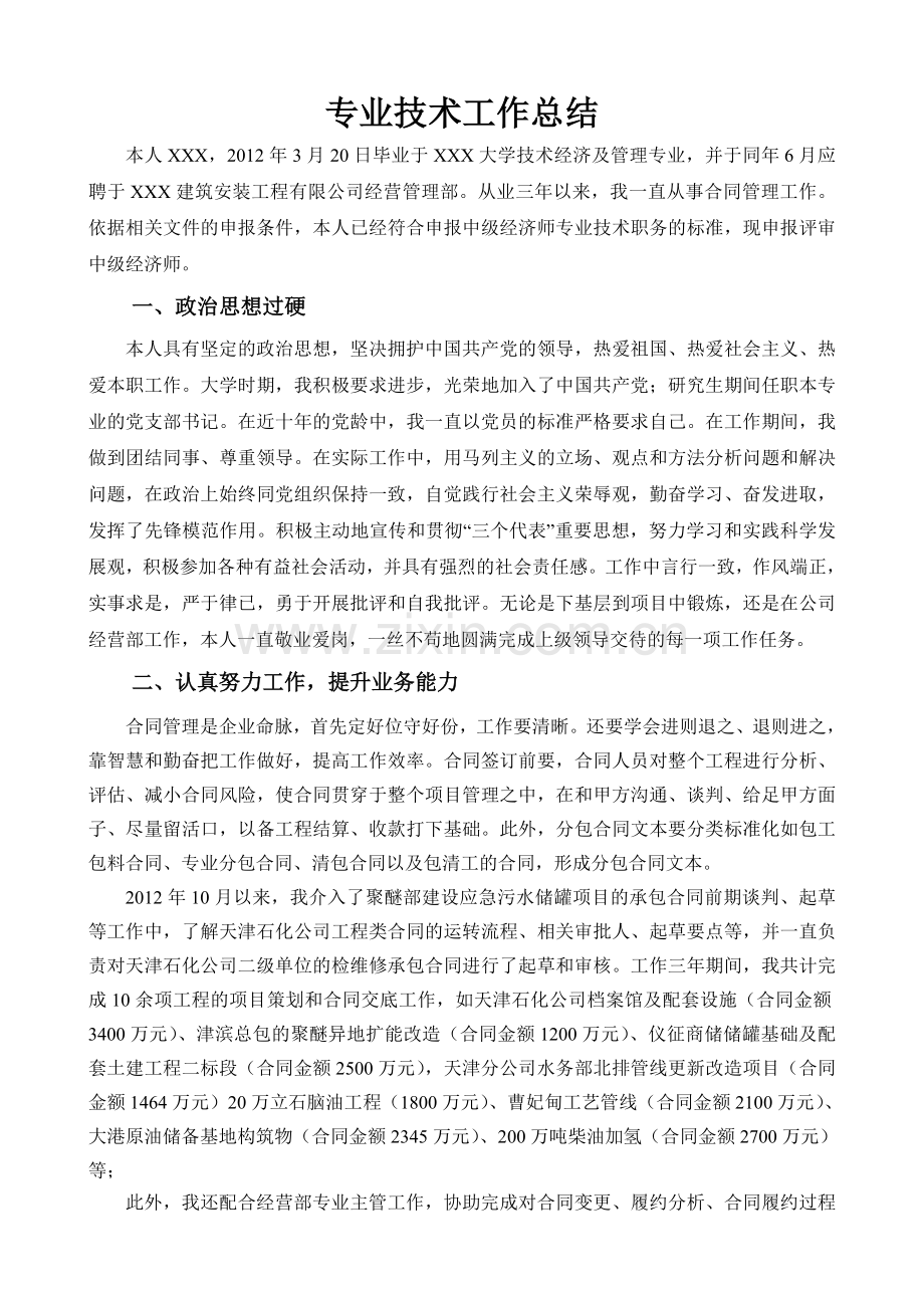 专业技术工作总结-(经济师).doc_第1页