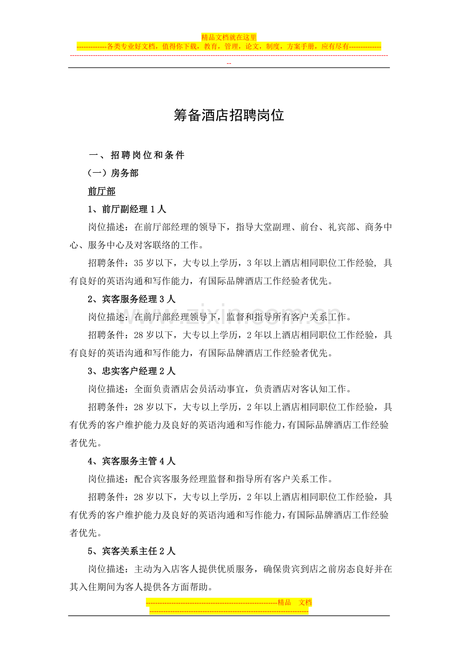 筹备酒店招聘职位(参考版).doc_第1页