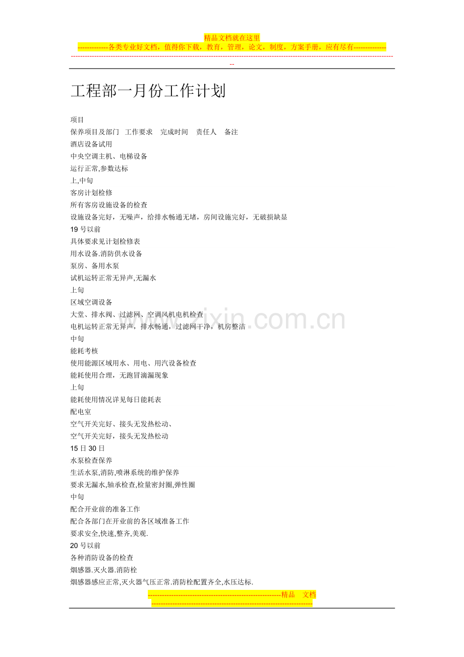 酒店工程部全月份工作计划.doc_第1页