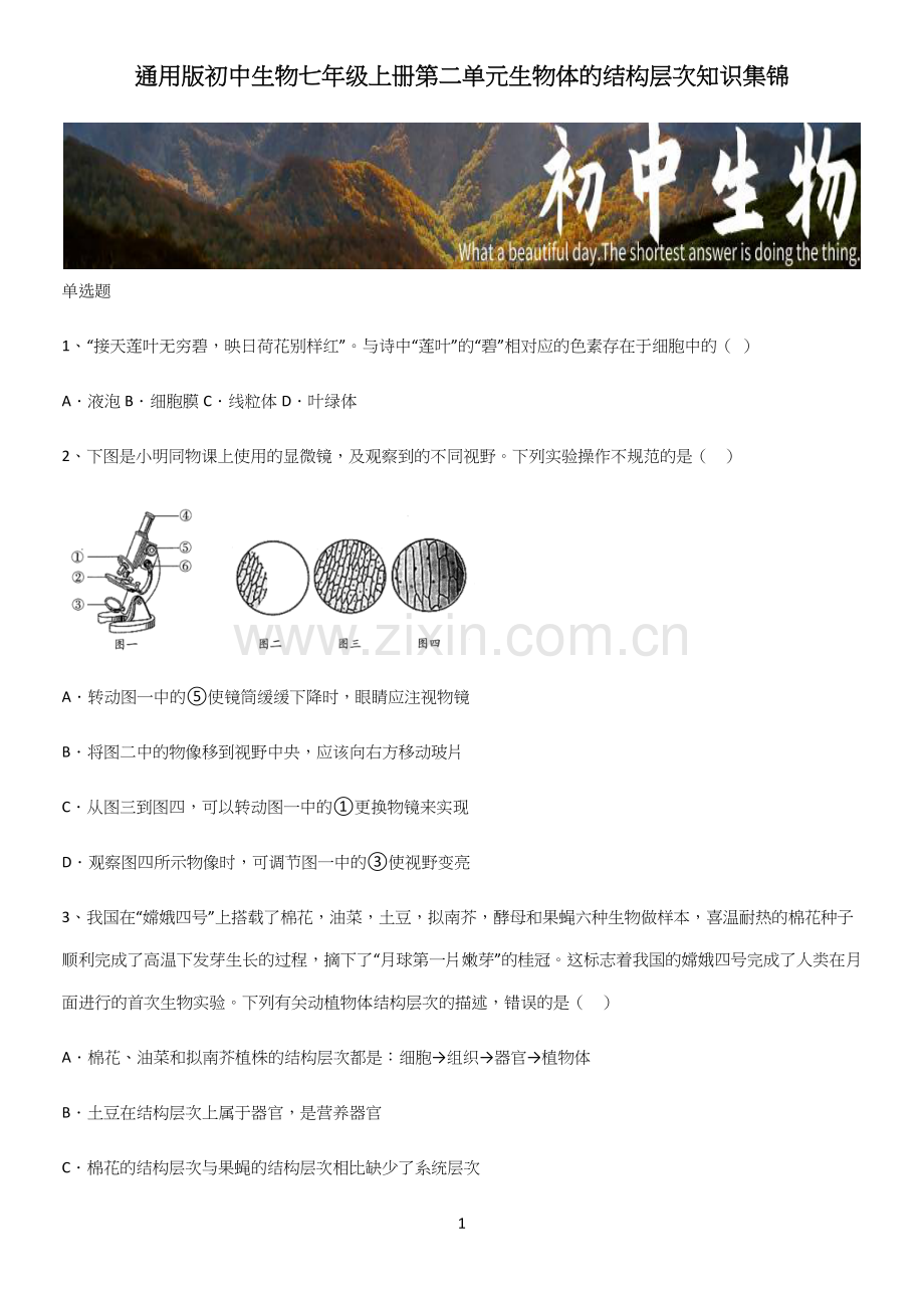 通用版初中生物七年级上册第二单元生物体的结构层次知识集锦.docx_第1页