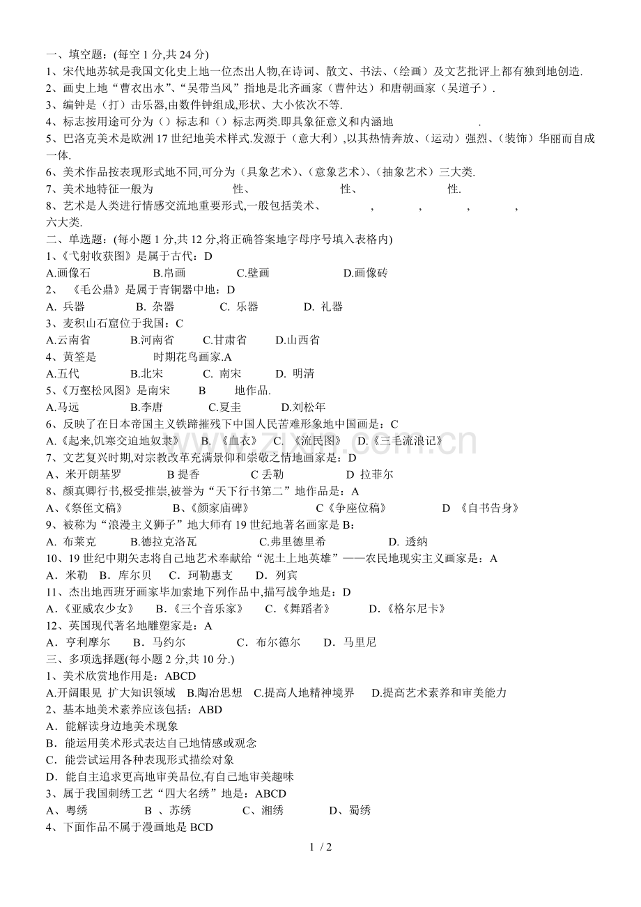 山东美术教师笔试考题真题.doc_第1页