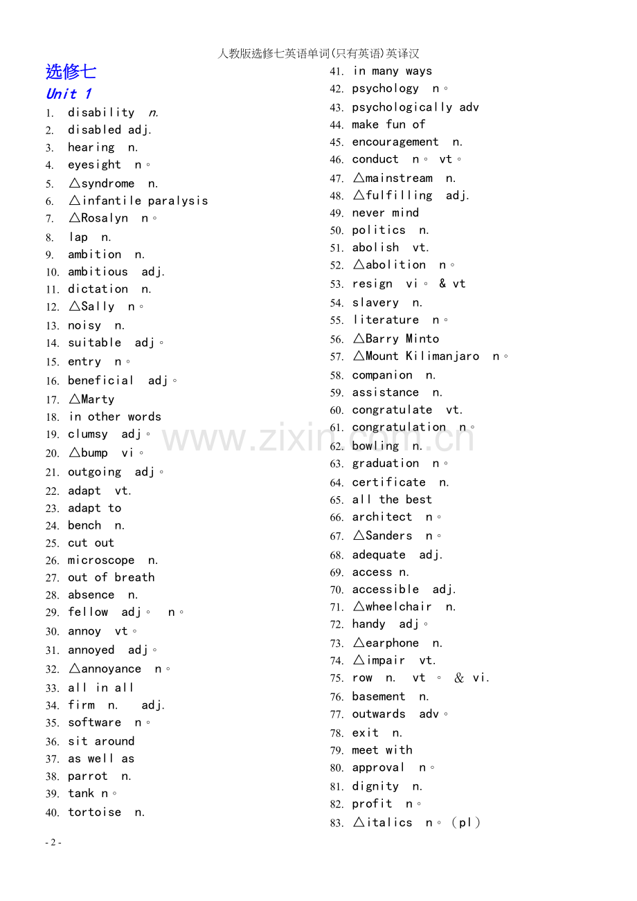 人教版选修七英语单词(只有英语)英译汉.docx_第2页