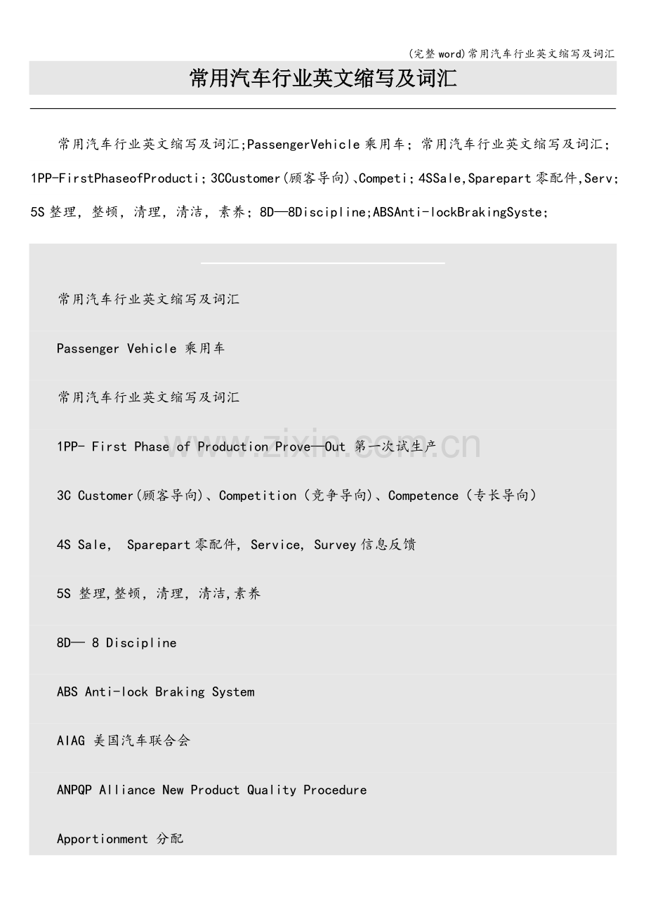 常用汽车行业英文缩写及词汇.doc_第1页