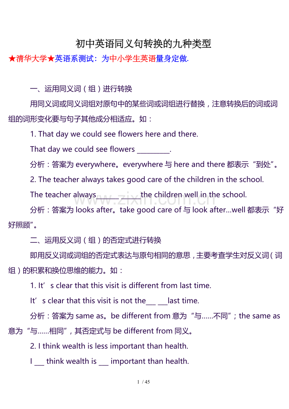 初级中学英语同义句转换九种类型.doc_第1页