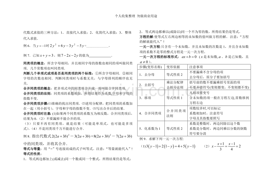 初一代数式和一元一次方程复习.doc_第2页