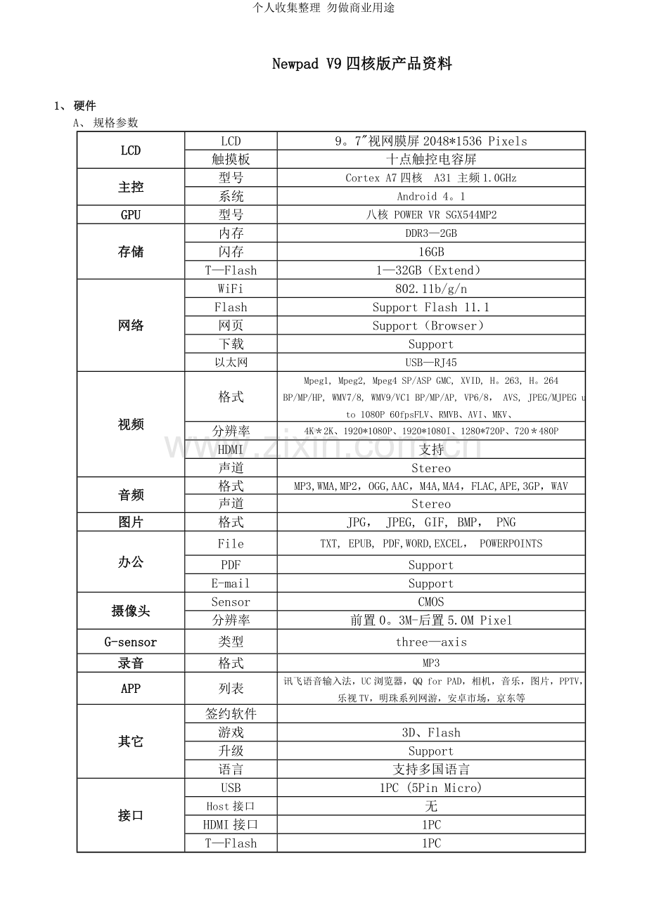 纽曼平板电脑NewpadV9产品参数.doc_第1页
