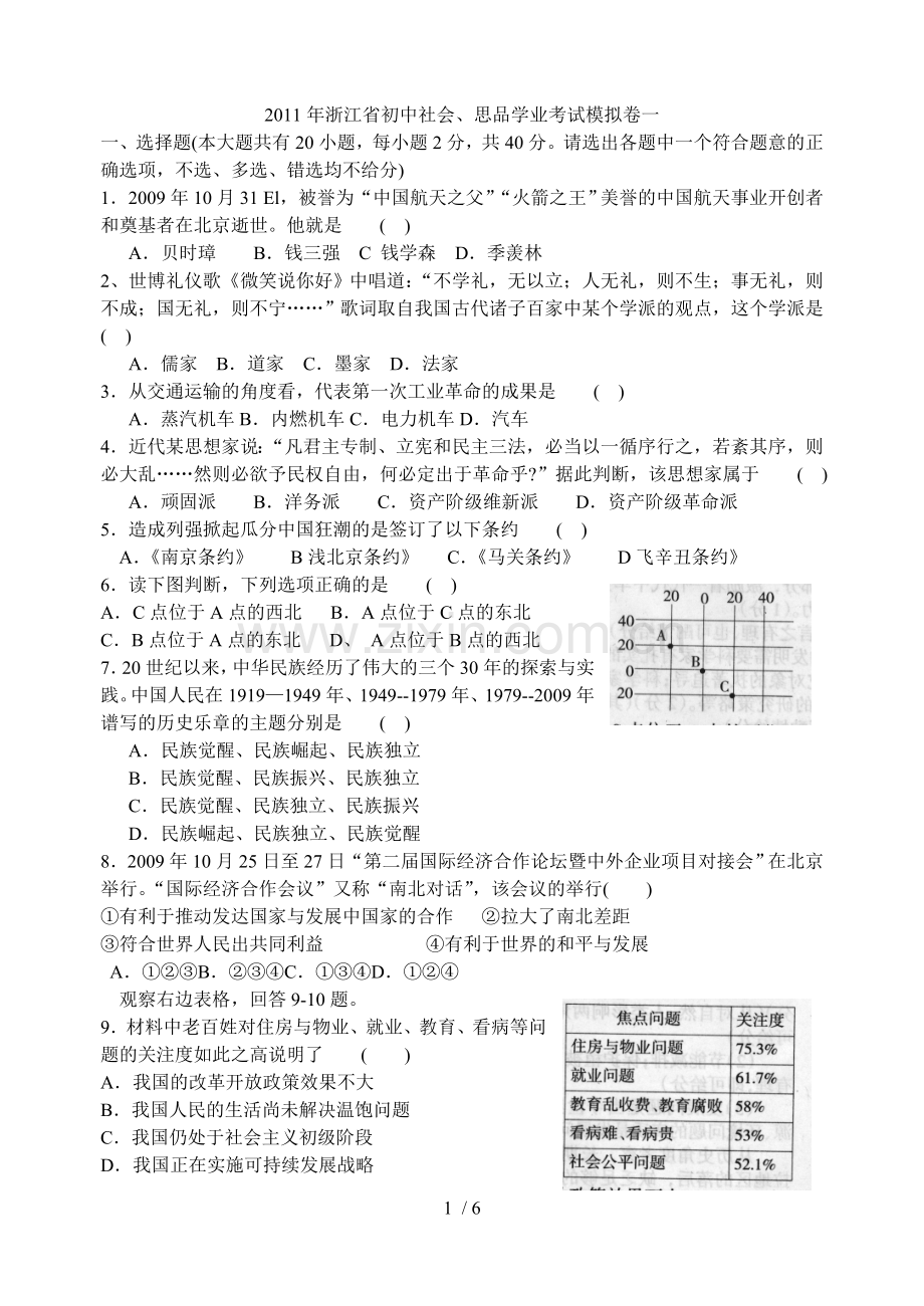 2011年浙江省初中社会、思品学业历年考试模拟卷一.doc_第1页