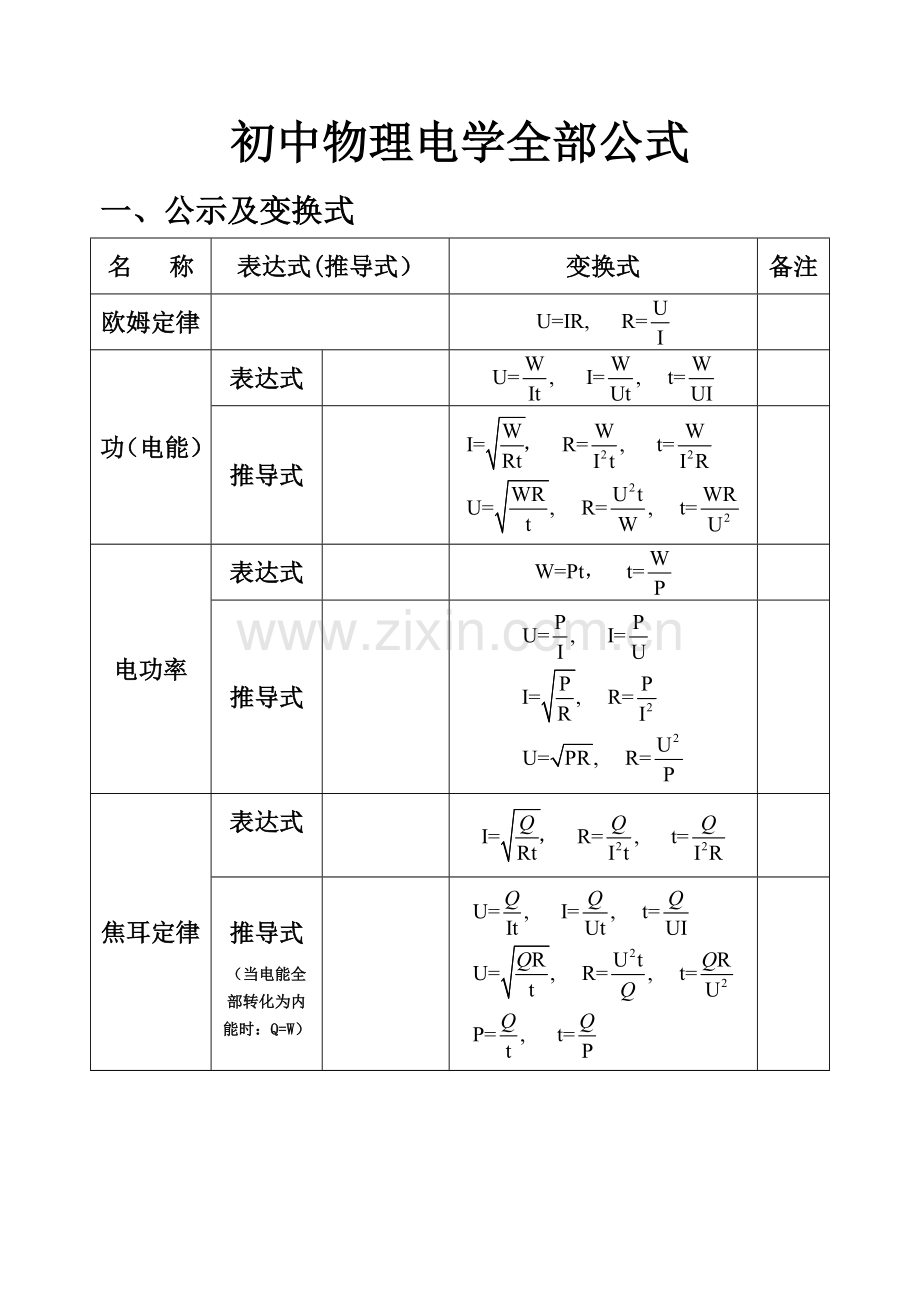 新人教版初中物理电学所有公式学生版.doc_第1页