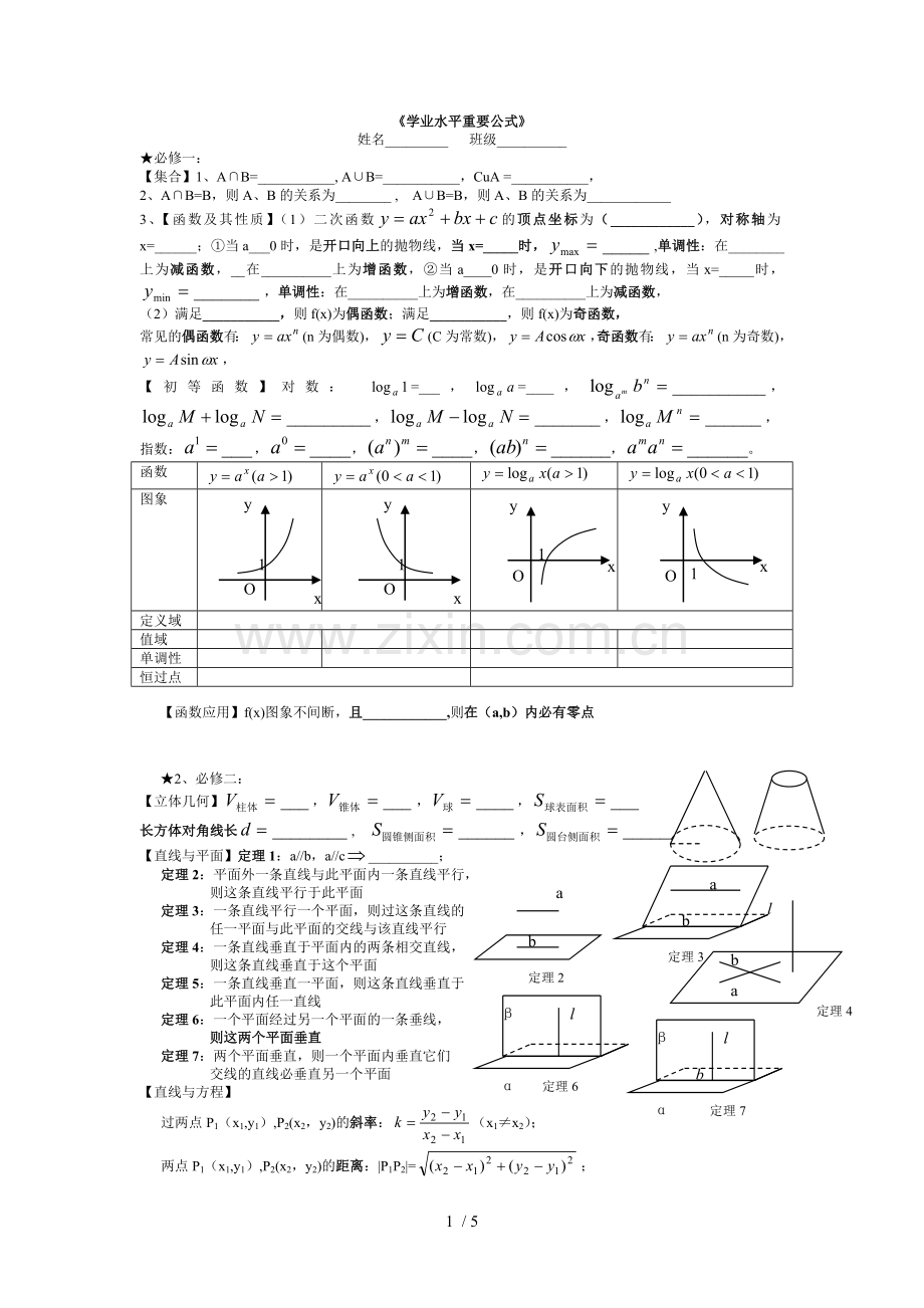 高中数学学业水平复习考试公式填空.doc_第1页