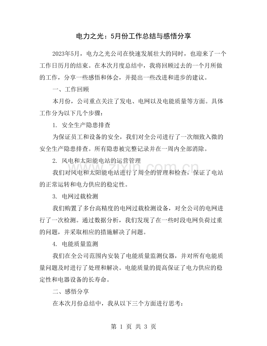 电力之光：5月份工作总结与感悟分享.doc_第1页