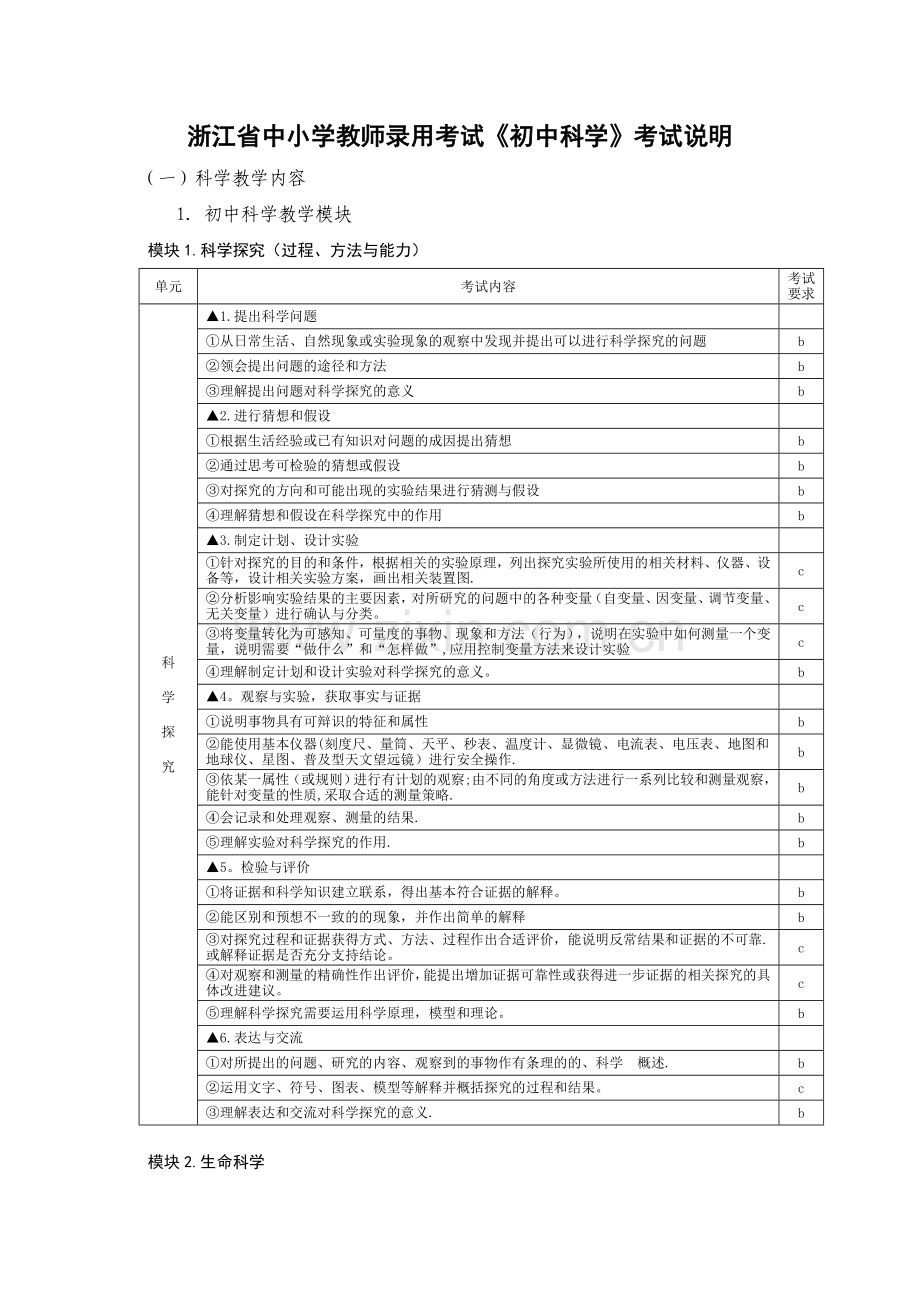 浙江省中小学教师录用考试初中科学》考试说明定稿.doc_第1页