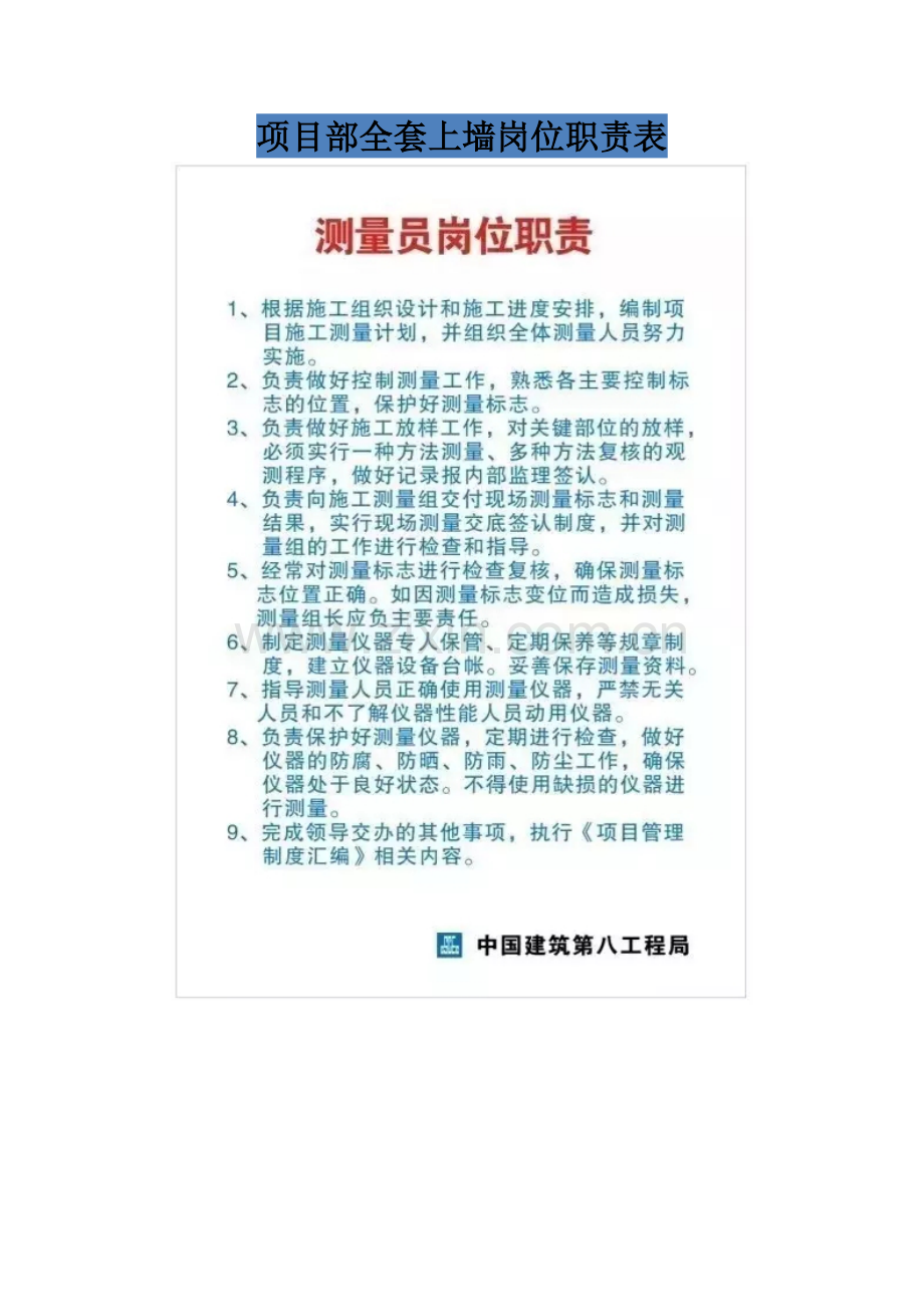 项目部全套上墙岗位职责表.doc_第1页