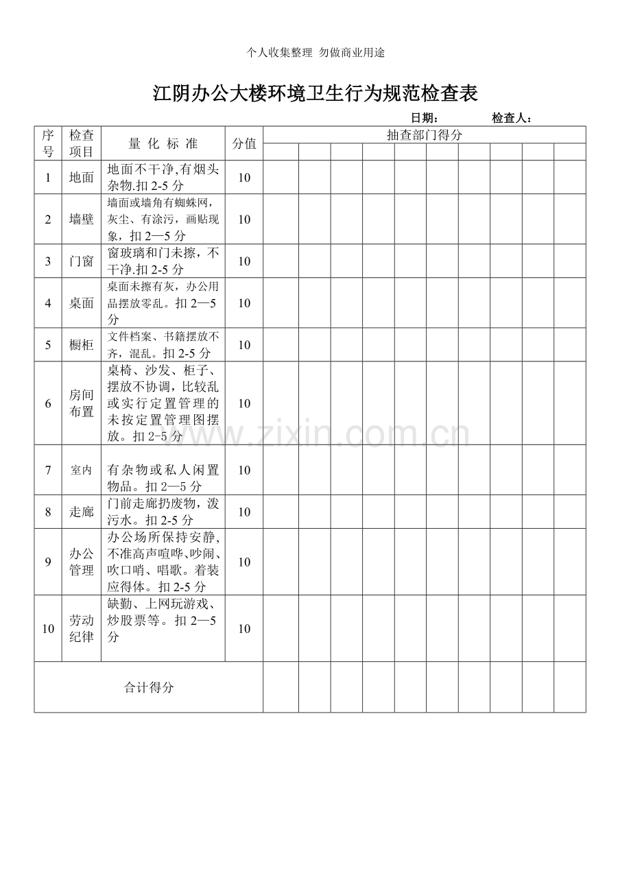 办公室文明卫生检查表.doc_第1页