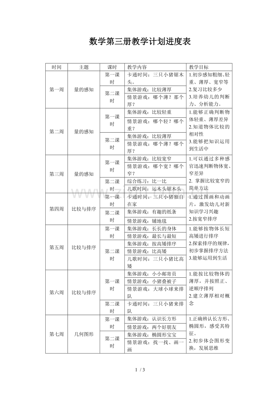 洪恩数学第三册教学计划表.doc_第1页