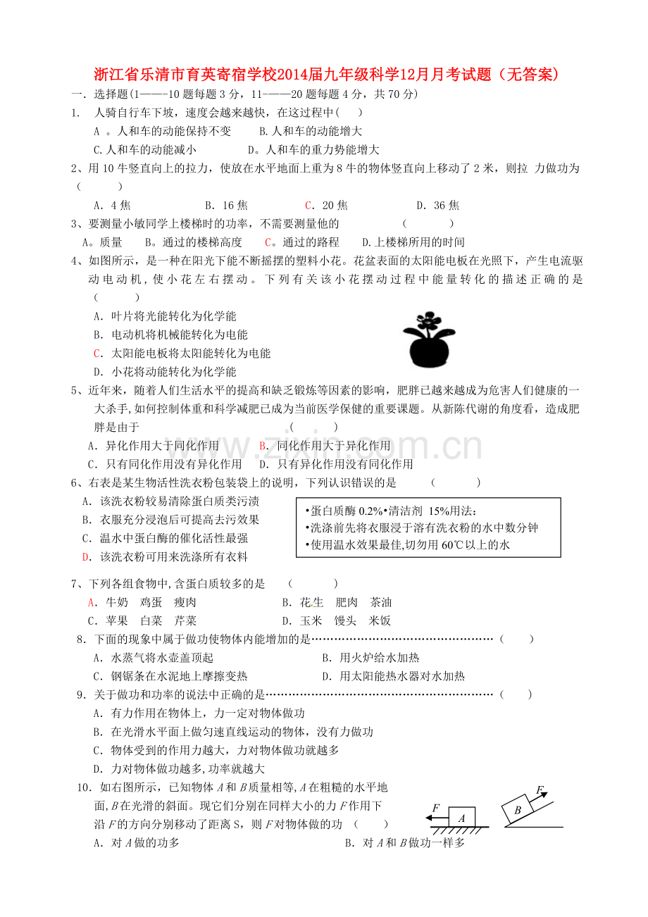 浙江省乐清市育英寄宿学校2014届九年级科学12月月考试题.doc_第1页