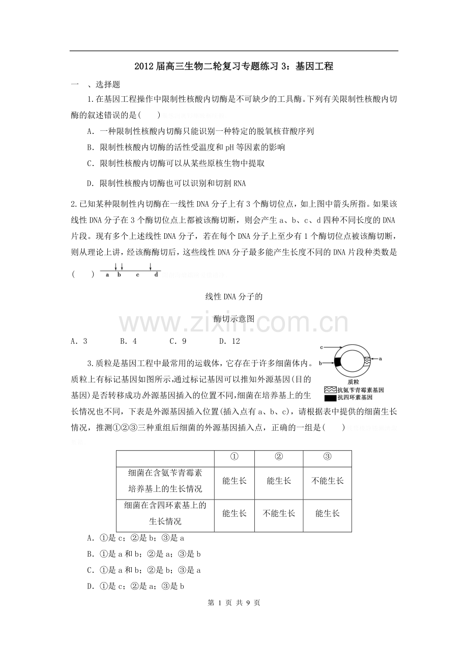 高三生物二轮复习专题练习：基因工程.doc_第1页