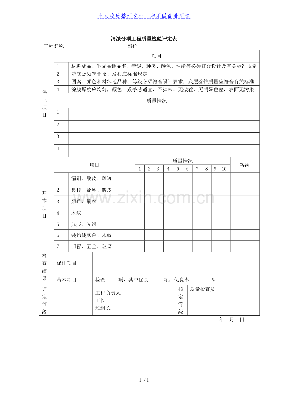 清漆分项工程项目质量检验评定表(表格模板、DOC格式).doc_第1页