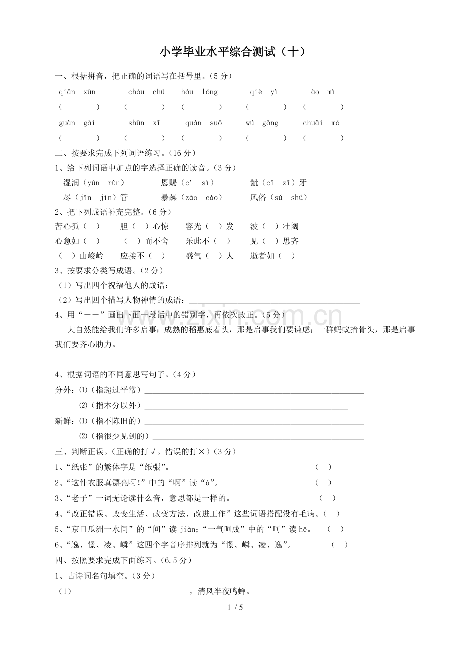 小学教育毕业水平综合测试(十).doc_第1页