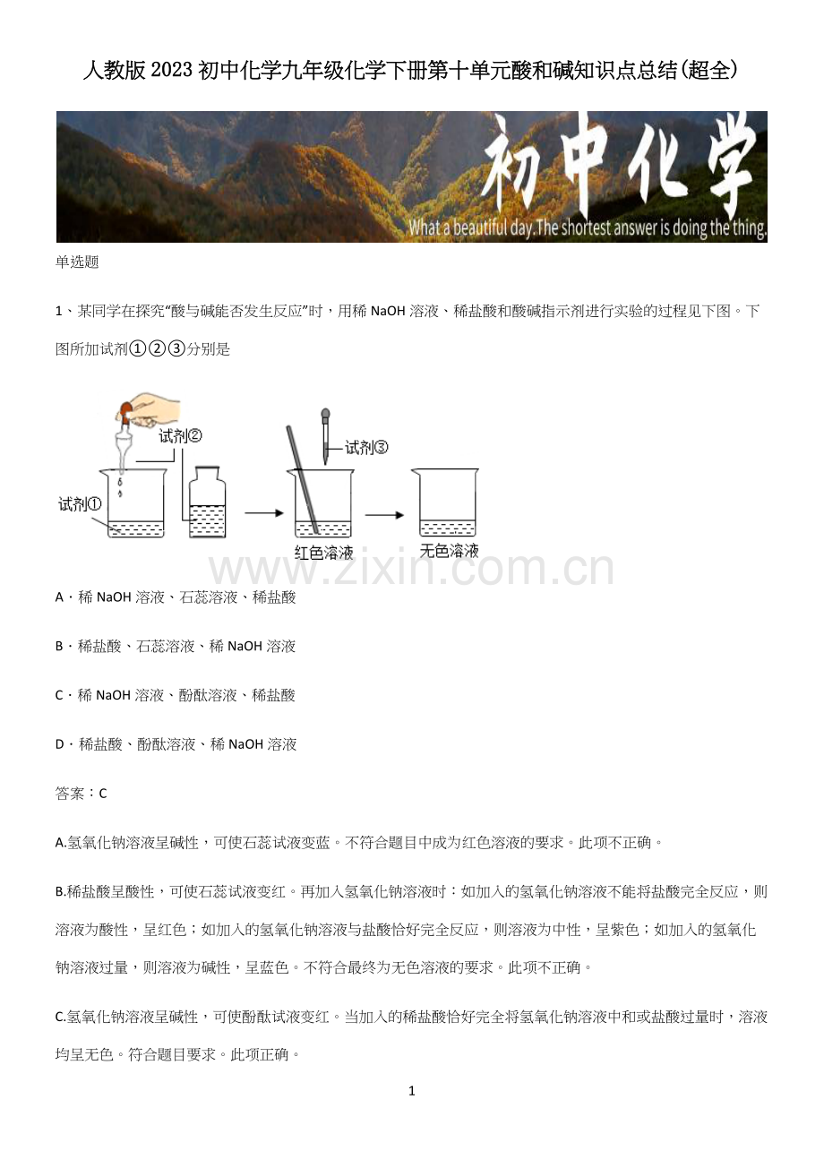 人教版2023初中化学九年级化学下册第十单元酸和碱知识点总结(超全).docx_第1页