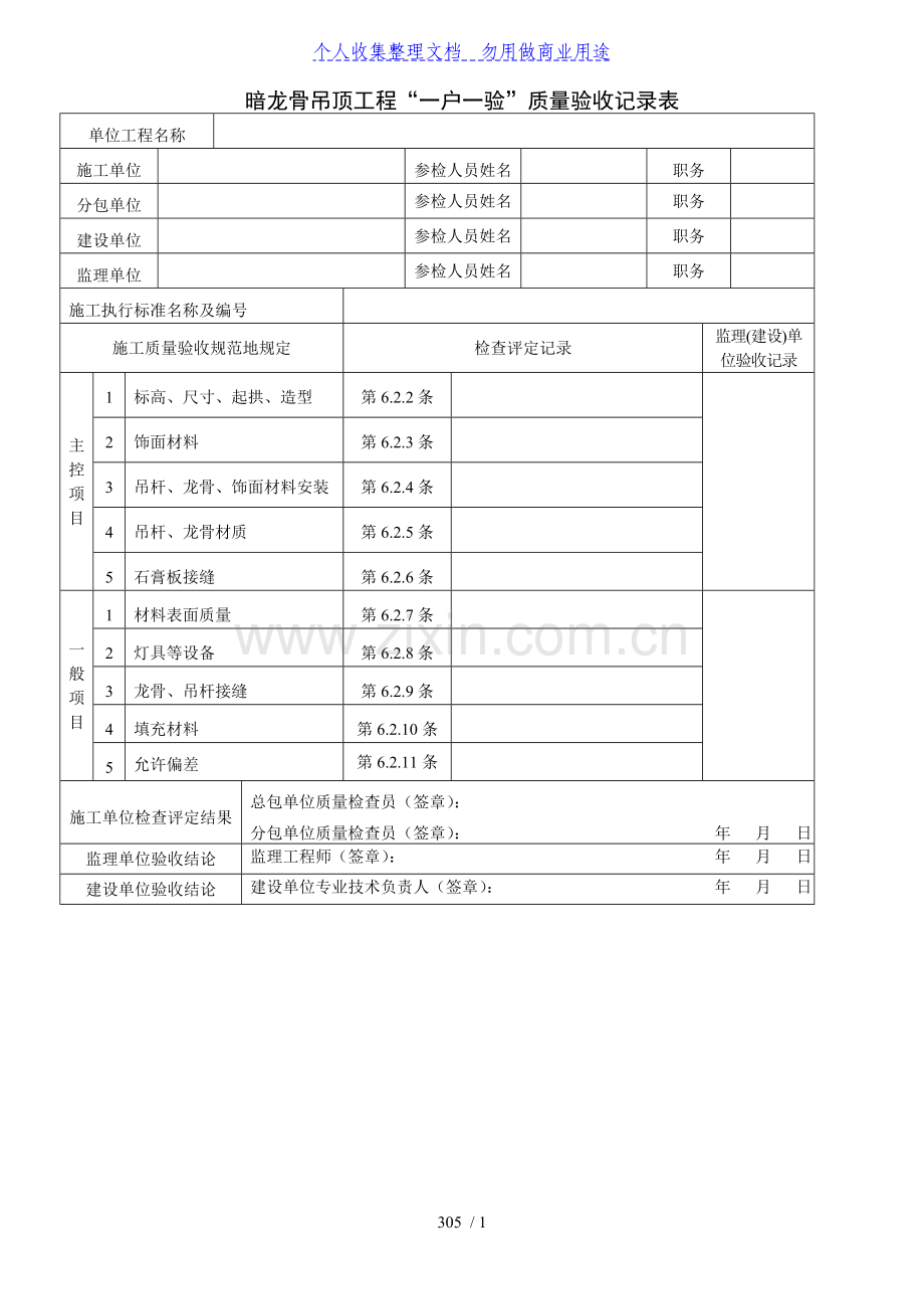 暗龙骨吊顶工程项目质量验收记录表.doc_第1页