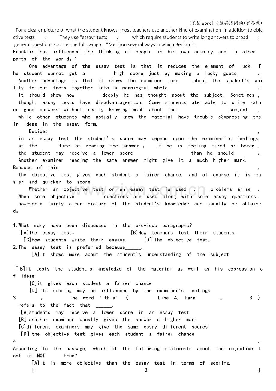 四级英语阅读(有答案).doc_第1页