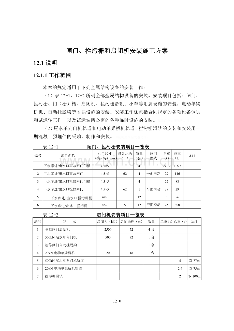 闸门、拦污栅、启闭机等金属结构安装施工方案.doc_第1页