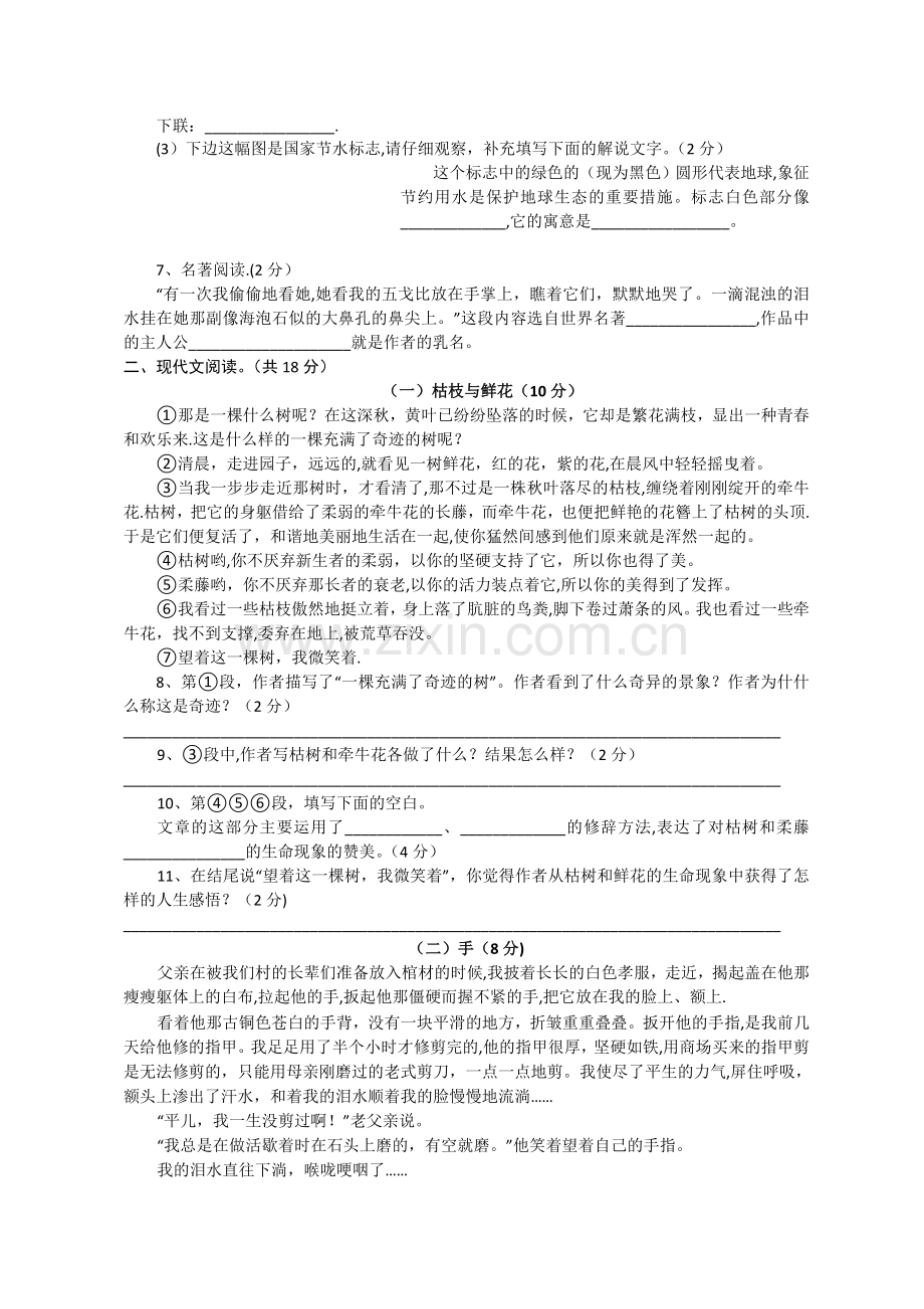 浙江省乐清市虹桥镇实验中学11-12学年七年级下学期期中考试语文试题.doc_第2页