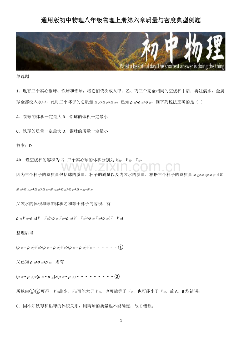 通用版初中物理八年级物理上册第六章质量与密度典型例题.pdf_第1页