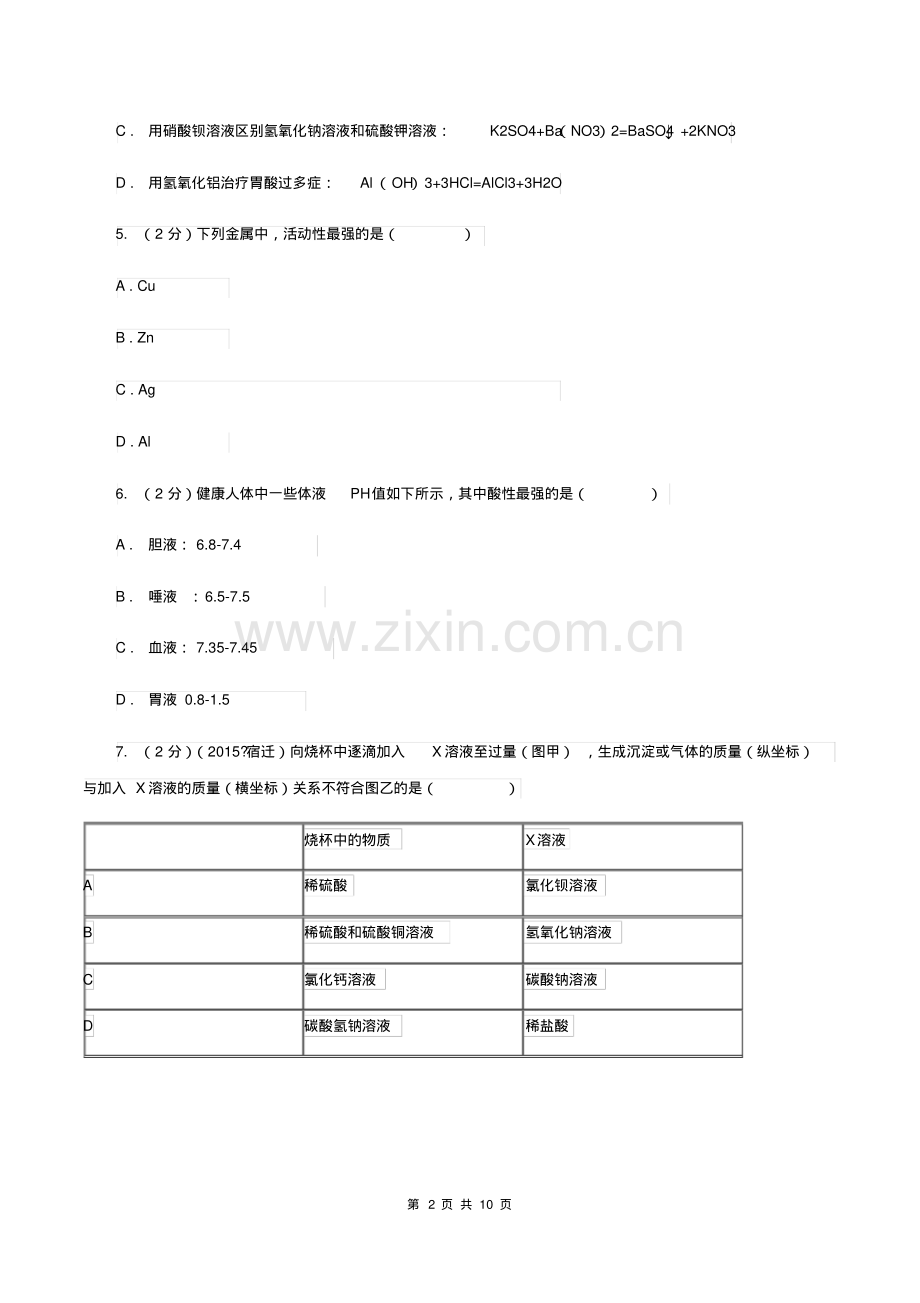 2019年沪教版九年级下学期化学同步练习：第七章第二节常见的酸和碱A卷.pdf_第2页