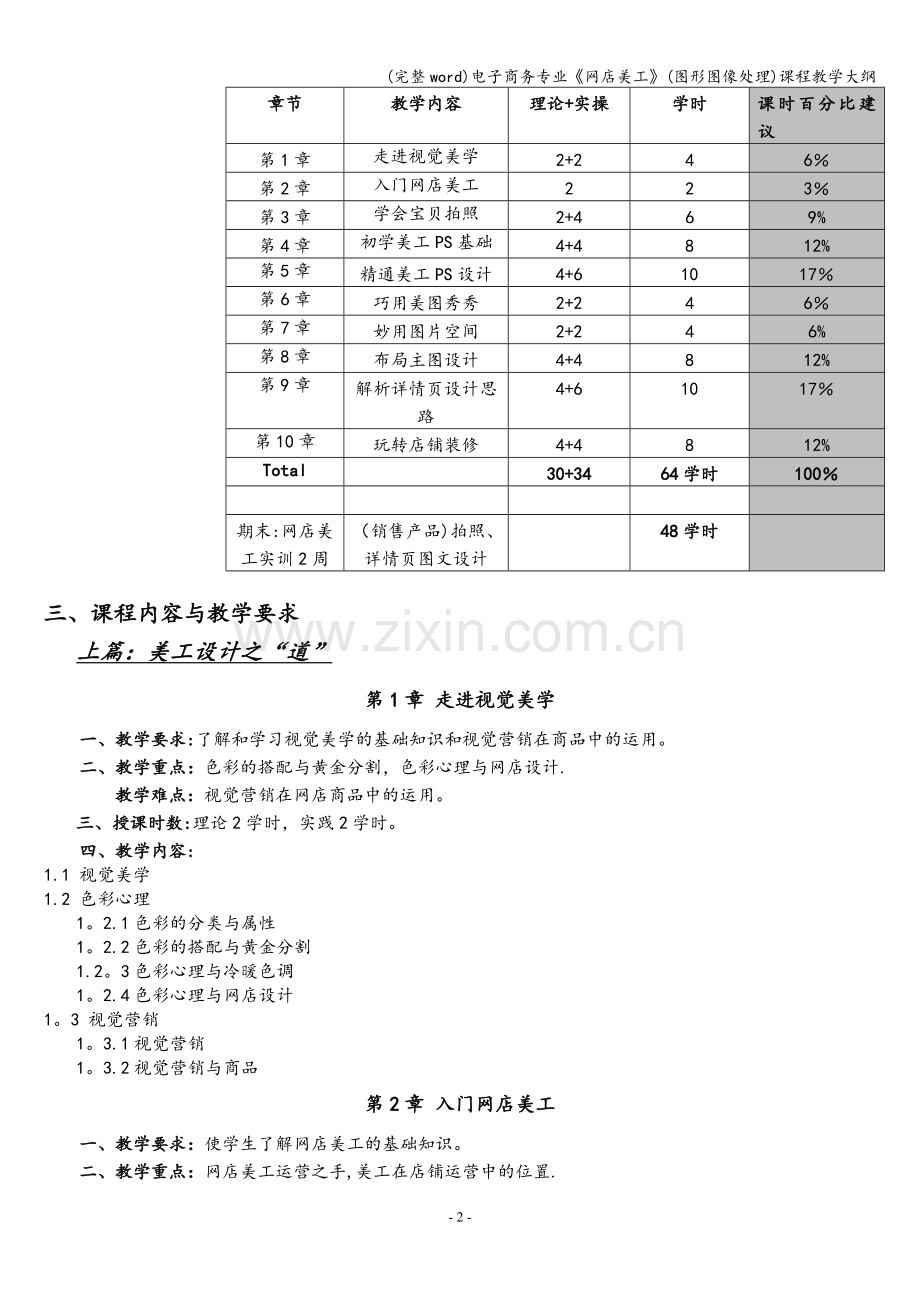 电子商务专业《网店美工》(图形图像处理)课程教学大纲.doc_第2页