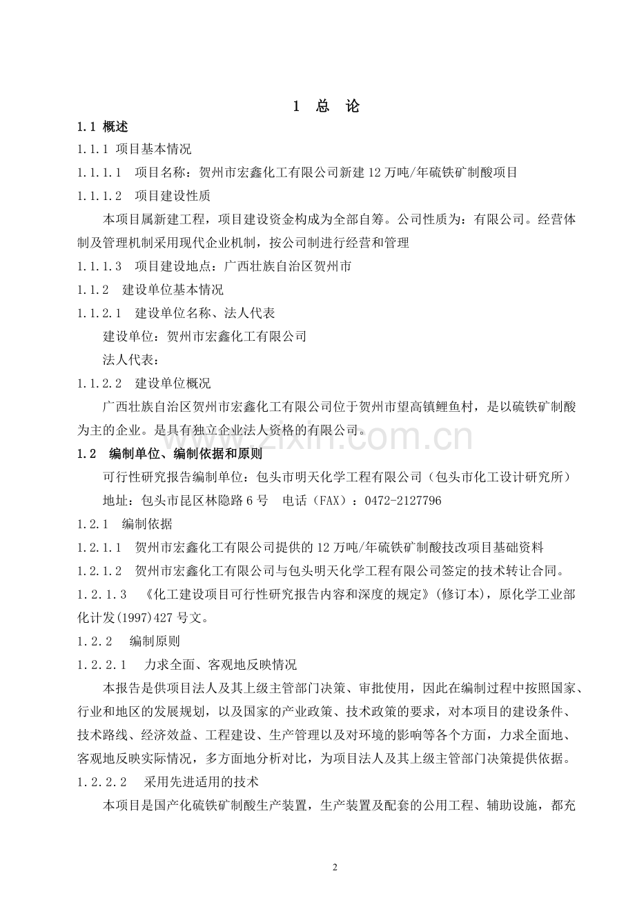 新建12万吨年硫铁矿制酸项目建设可行性研究报告.doc_第2页