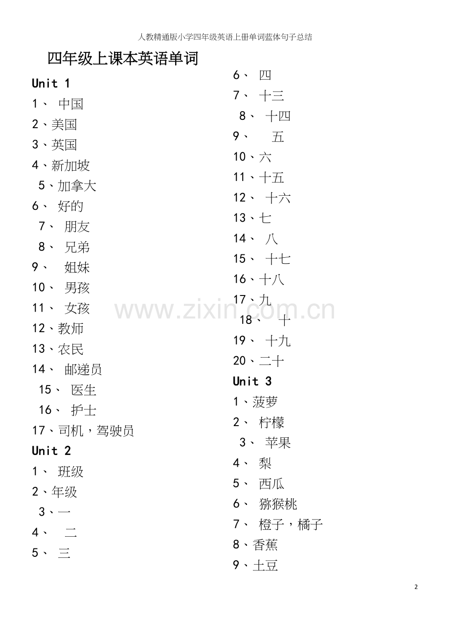 人教精通版小学四年级英语上册单词蓝体句子总结.docx_第2页