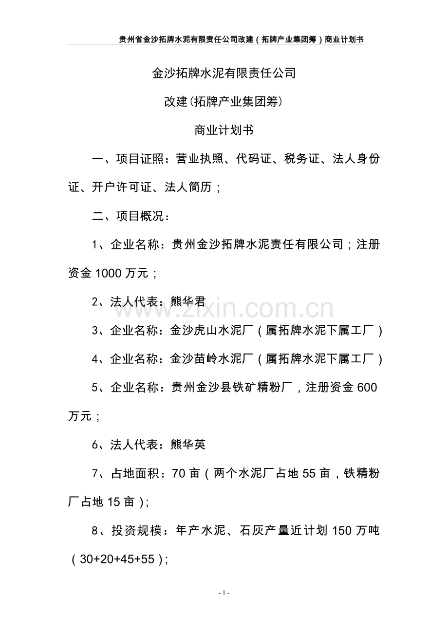 金沙拓牌水泥有限责任公司改建1拓牌产业集团筹可行性研究报告.doc_第1页