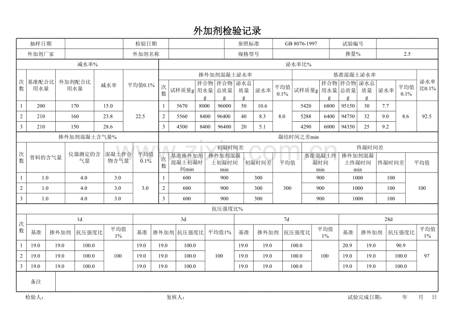 外加剂检验记录(自动计算).xls_第1页